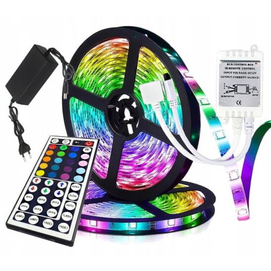 TAŚMA LED 5050 RGB SMD 5M KOLOROWA WODOODPORNA + PILOT 44 FUNKCJE